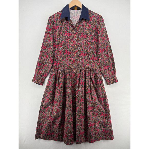 Eddie Bauer Dresses & Skirts - EDDIE BAUER Dress S Twill Paisley Fit & Flare Cottagecore Long Sleeve Cotton Red